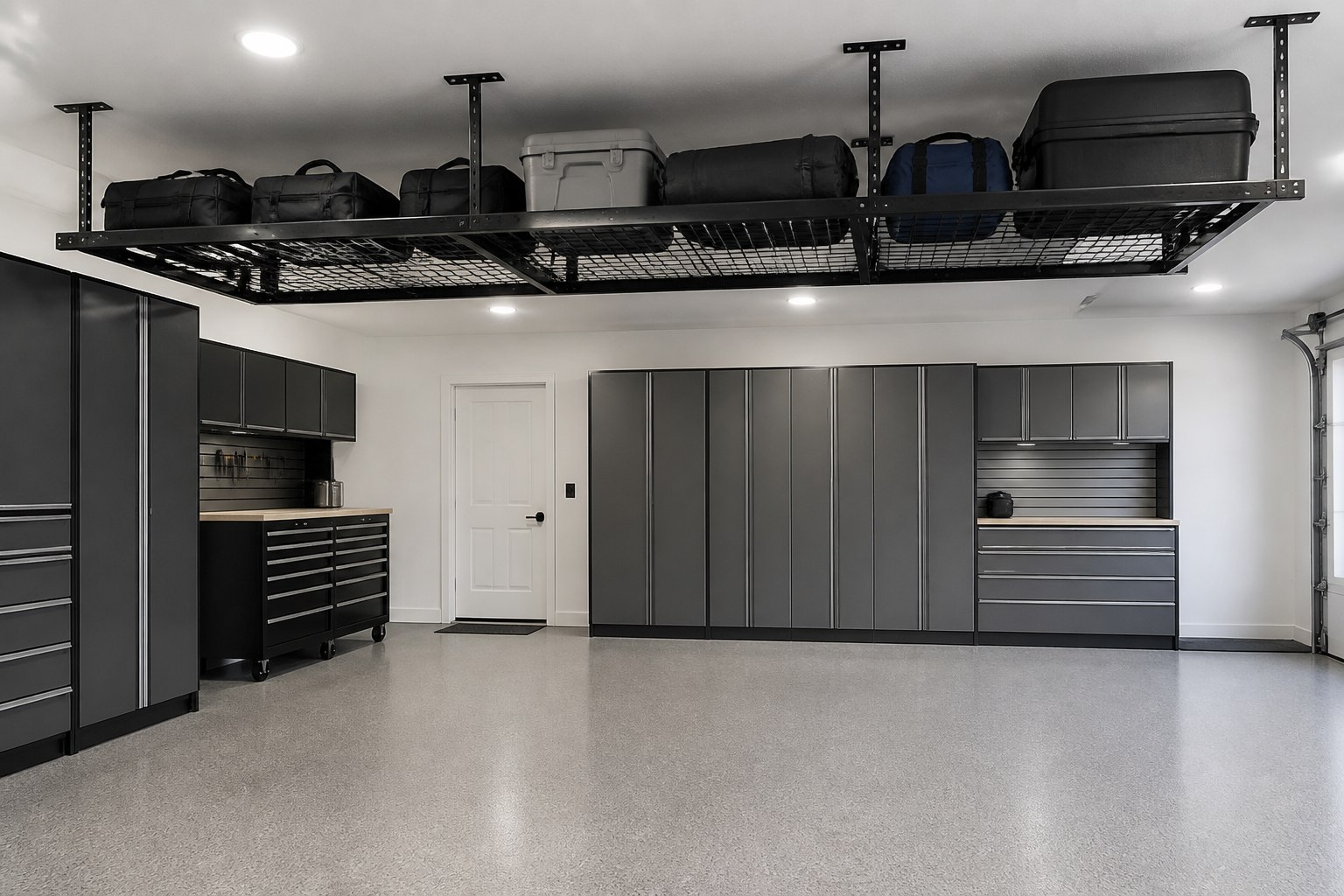 Heavy duty black steel overhead garage rack with camping gear and luggage