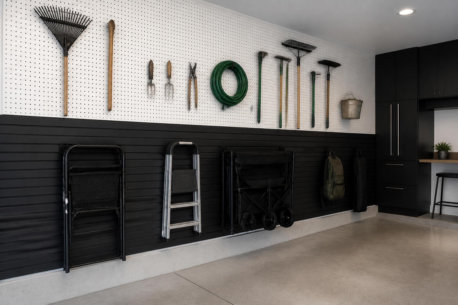 Hybrid garage wall system combining white pegboard and black slatwall panels