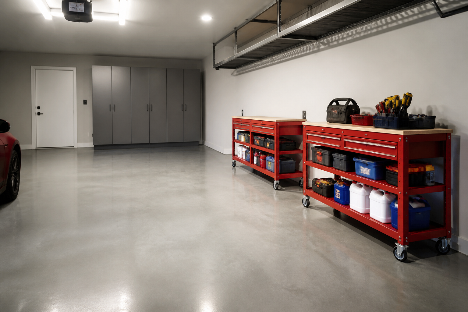 Red metal rolling storage carts on garage floor for flexible organization