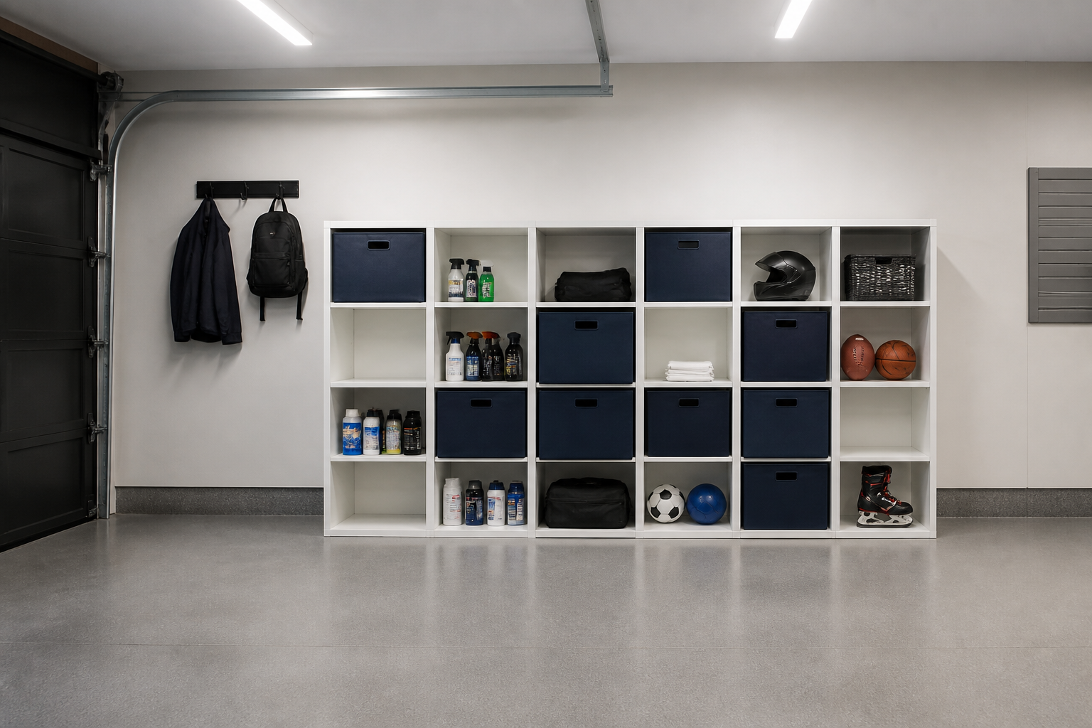 White modular cube wall storage system with navy fabric bins in garage