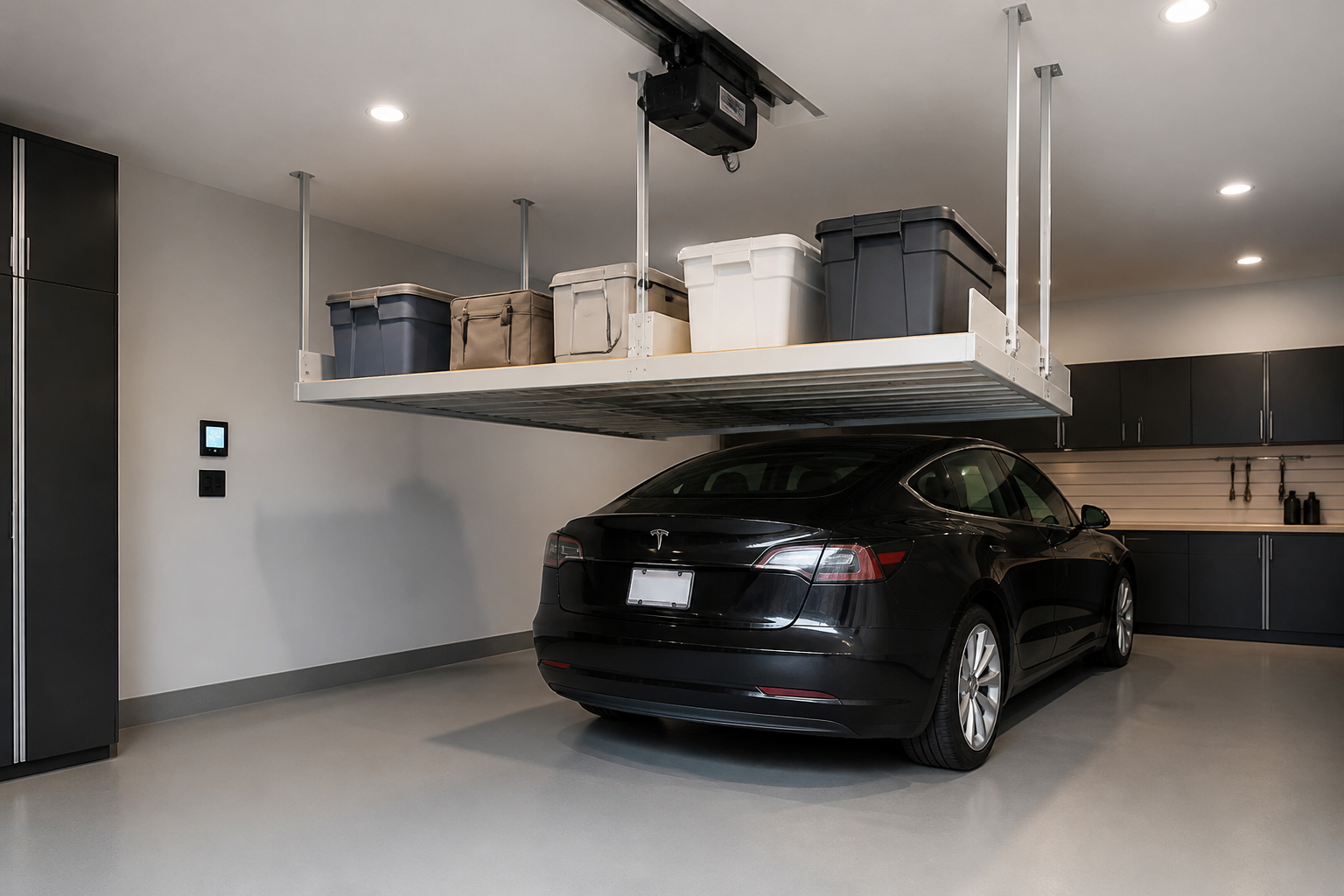 Motorized garage ceiling storage lift lowered with bins for easy access