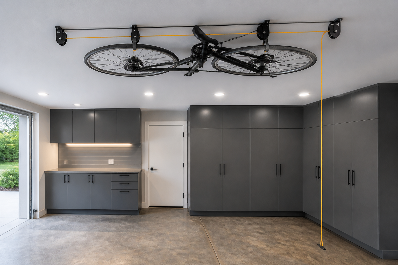 Garage ceiling pulley hoist system suspending bicycle horizontally overhead
