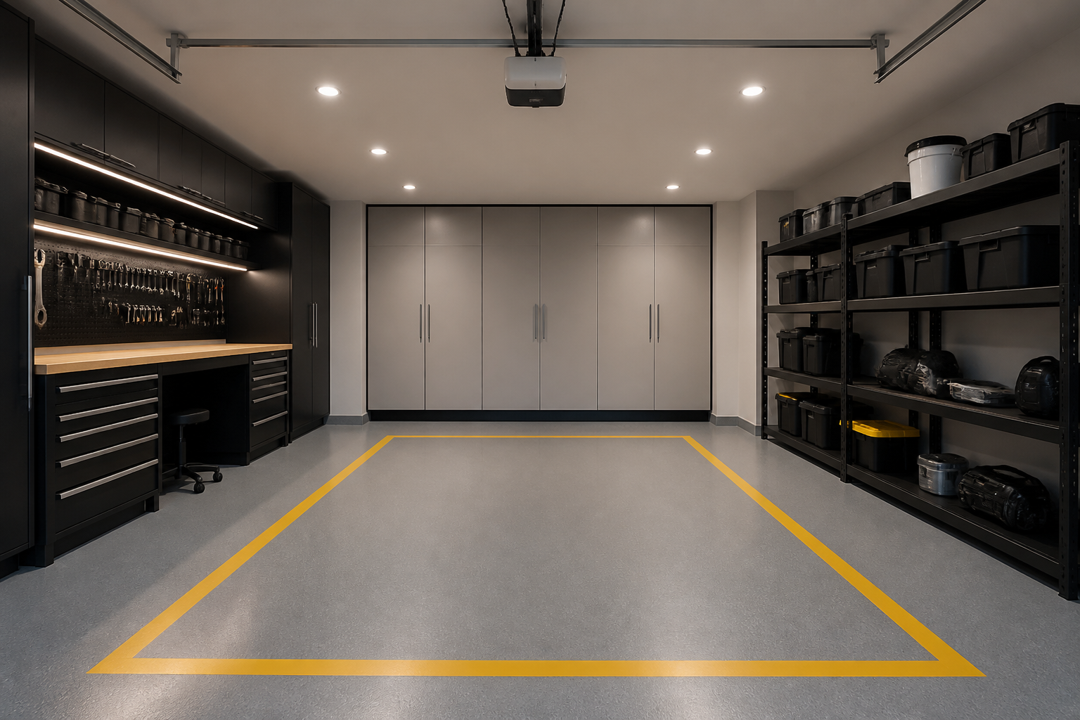 Single car garage floor layout with workbench zone and clear parking area