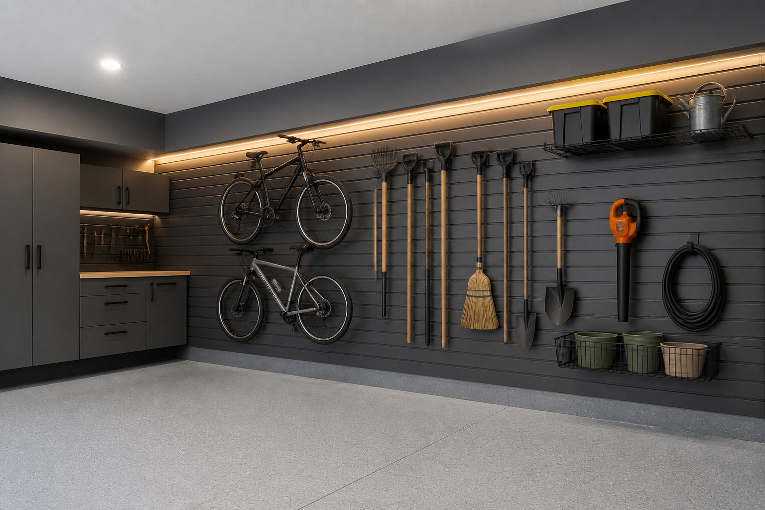 Gray slatwall garage organization system with bikes and tools on wall hooks