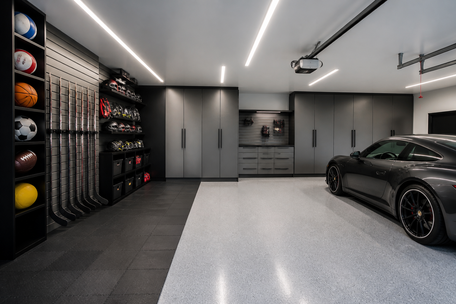 Garage floor layout with dedicated sports equipment zone on rubber tiles