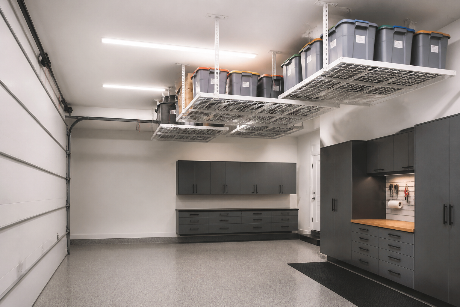Tiered overhead garage storage platforms at multiple ceiling heights