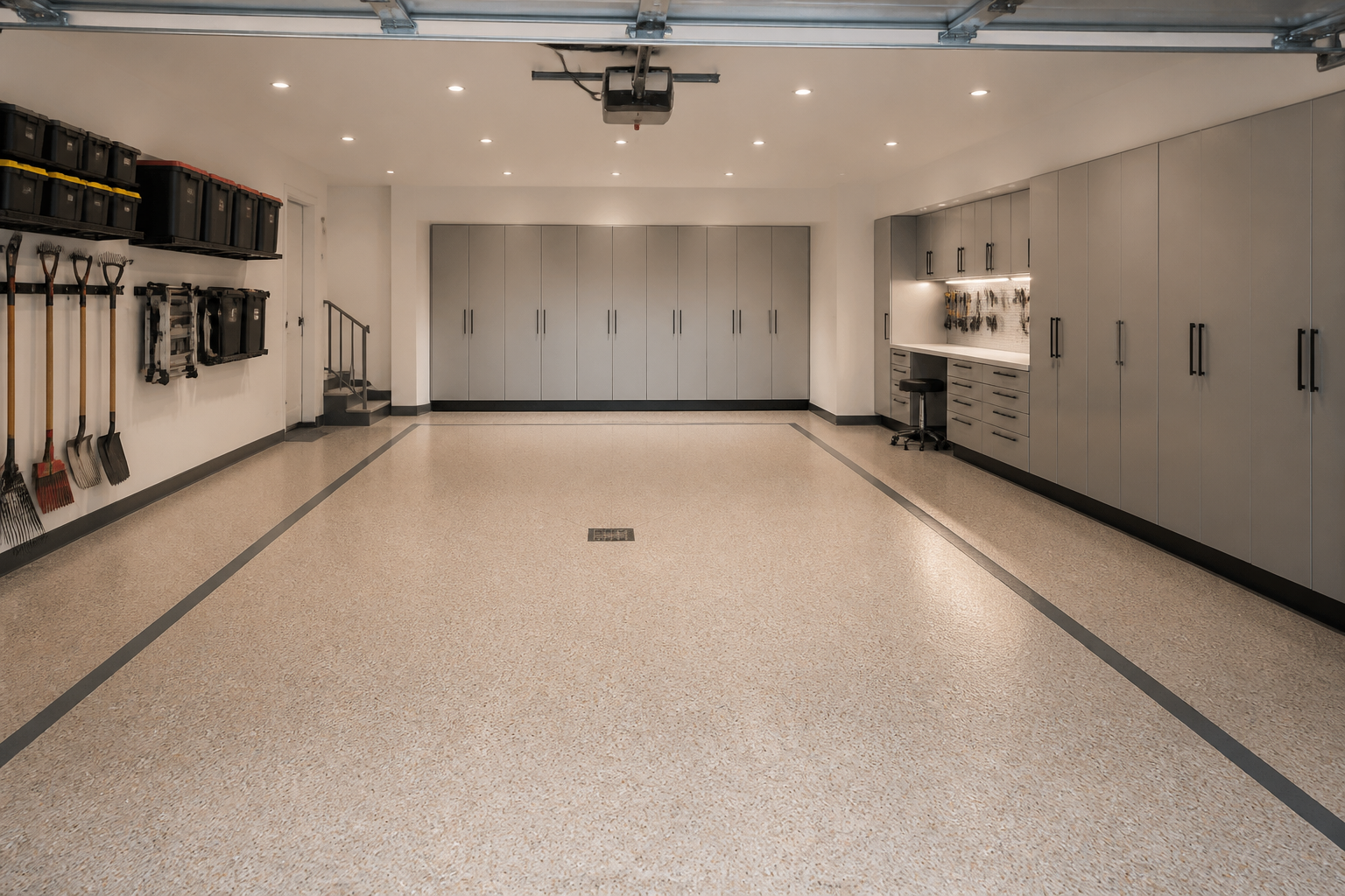 Two car garage U-shaped layout with corner workbench and central parking