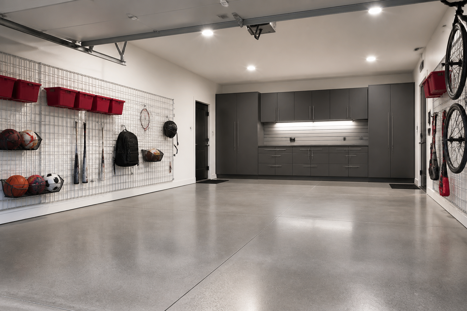 White metal grid wall panels with red bins and sports equipment storage
