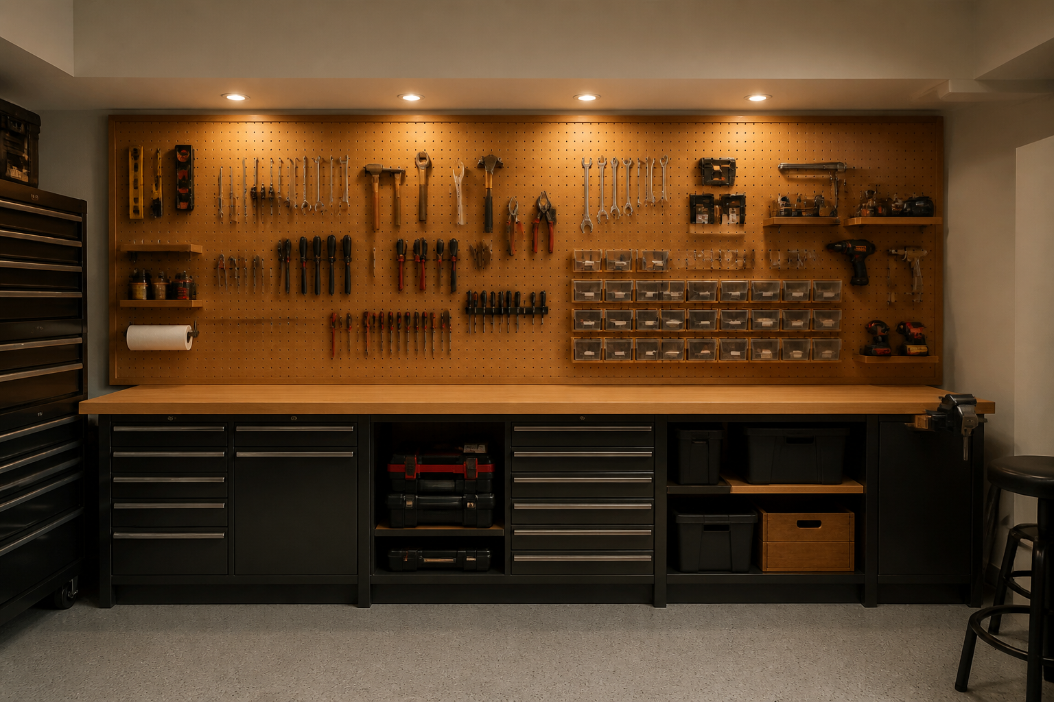 Wood pegboard garage wall organization with hand tools and small parts storage