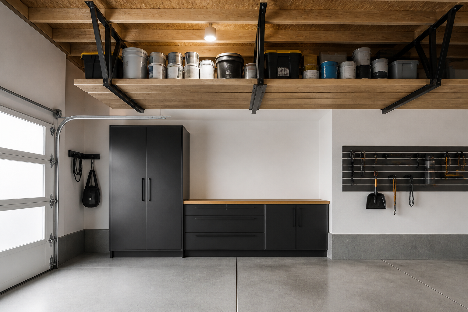 Rustic wood plank overhead garage shelves on black metal brackets
