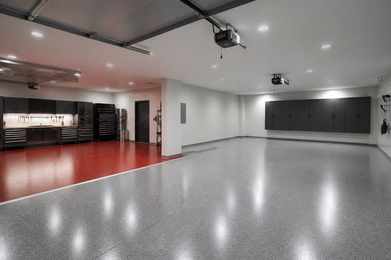 Three car garage floor with red epoxy workshop zone and gray parking area