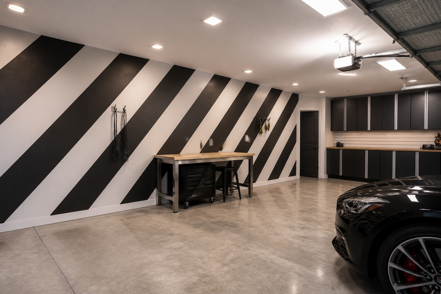 Black and white diagonal stripe geometric accent wall in modern garage workspace