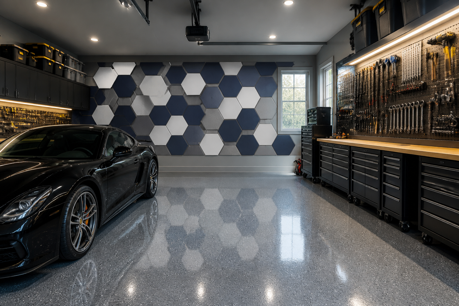 Navy blue and gray hexagonal honeycomb pattern garage accent wall with tool storage