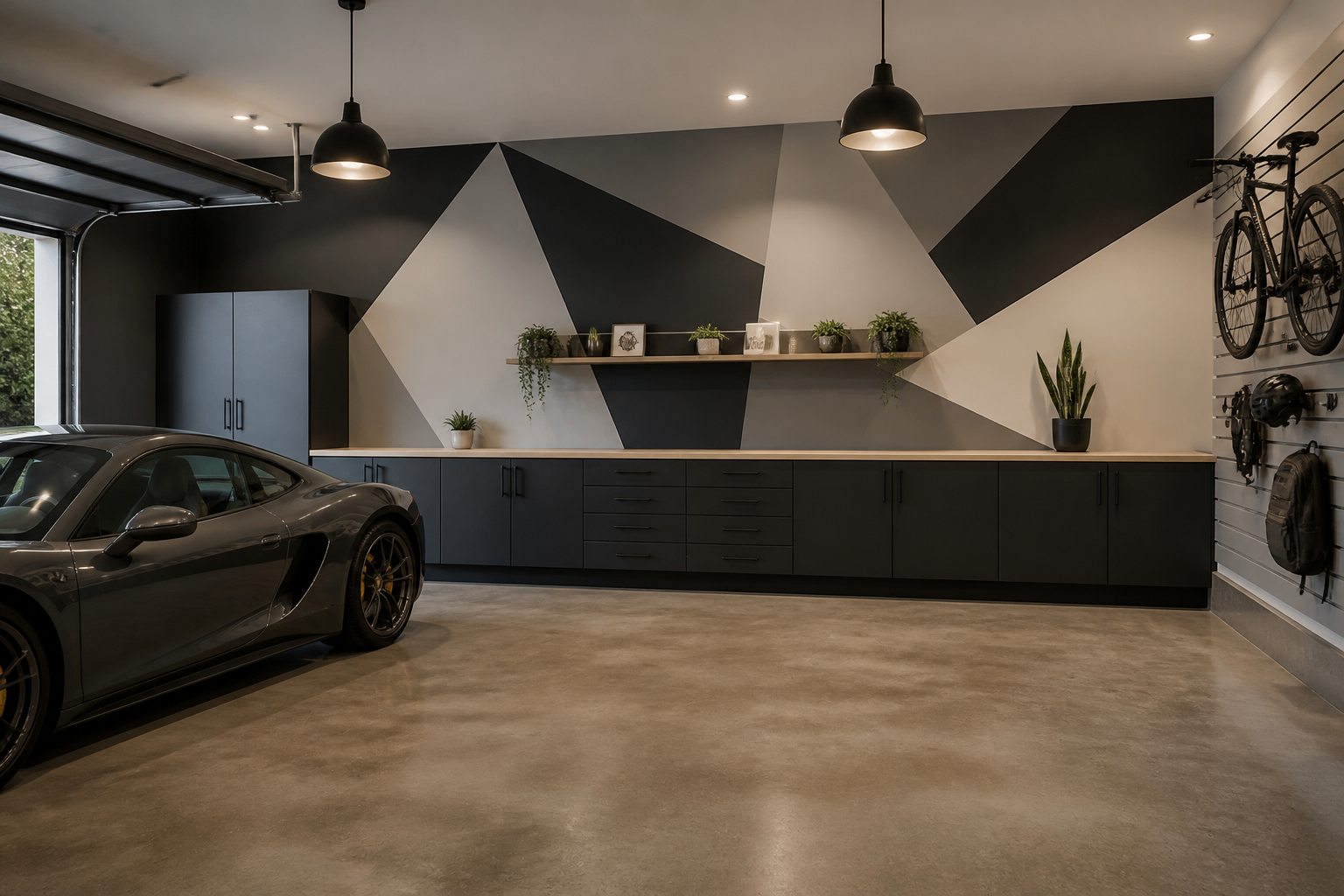 Large triangle geometric pattern accent wall in charcoal and gray tones in garage