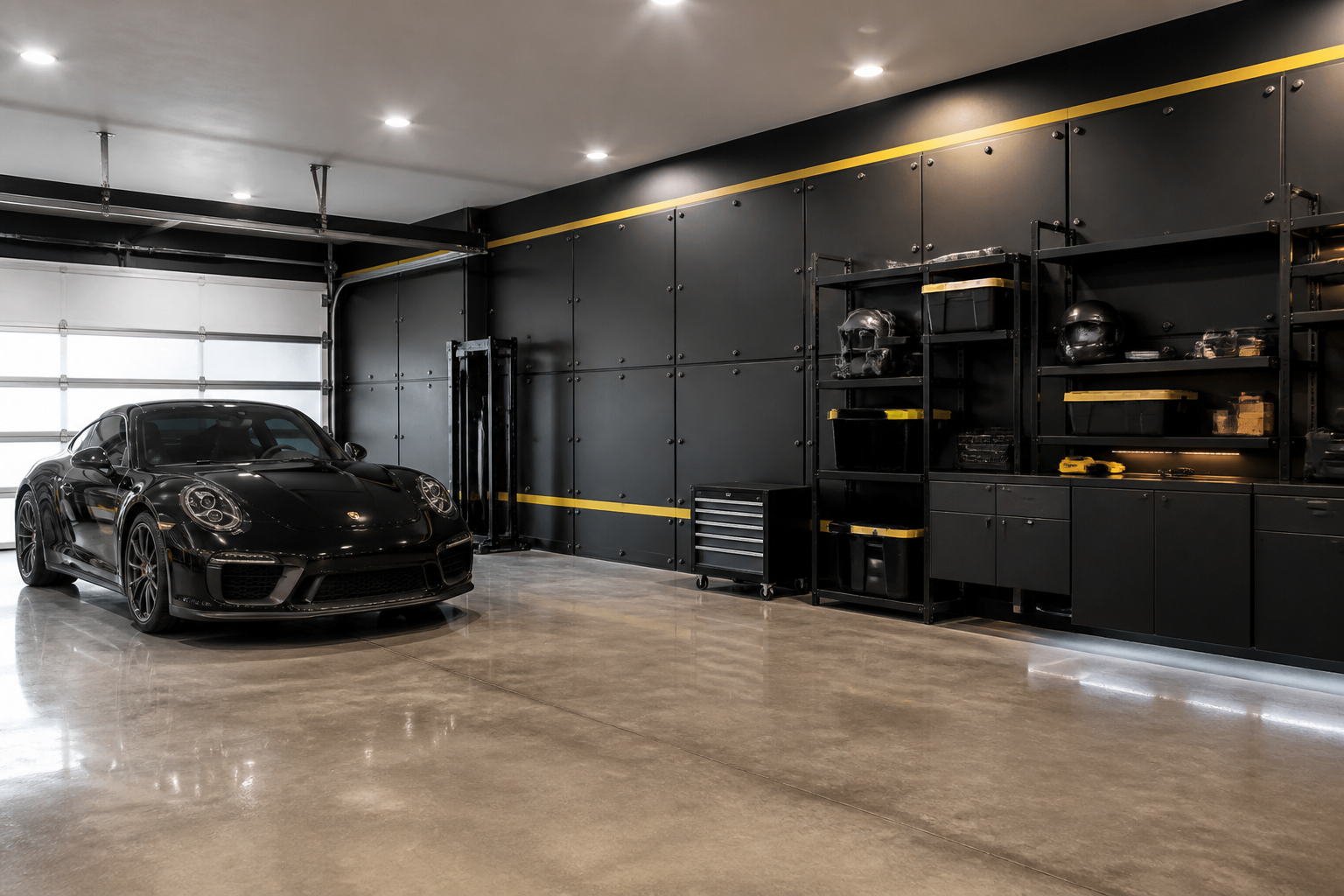 Black matte steel panel accent wall with yellow safety stripe detail in garage