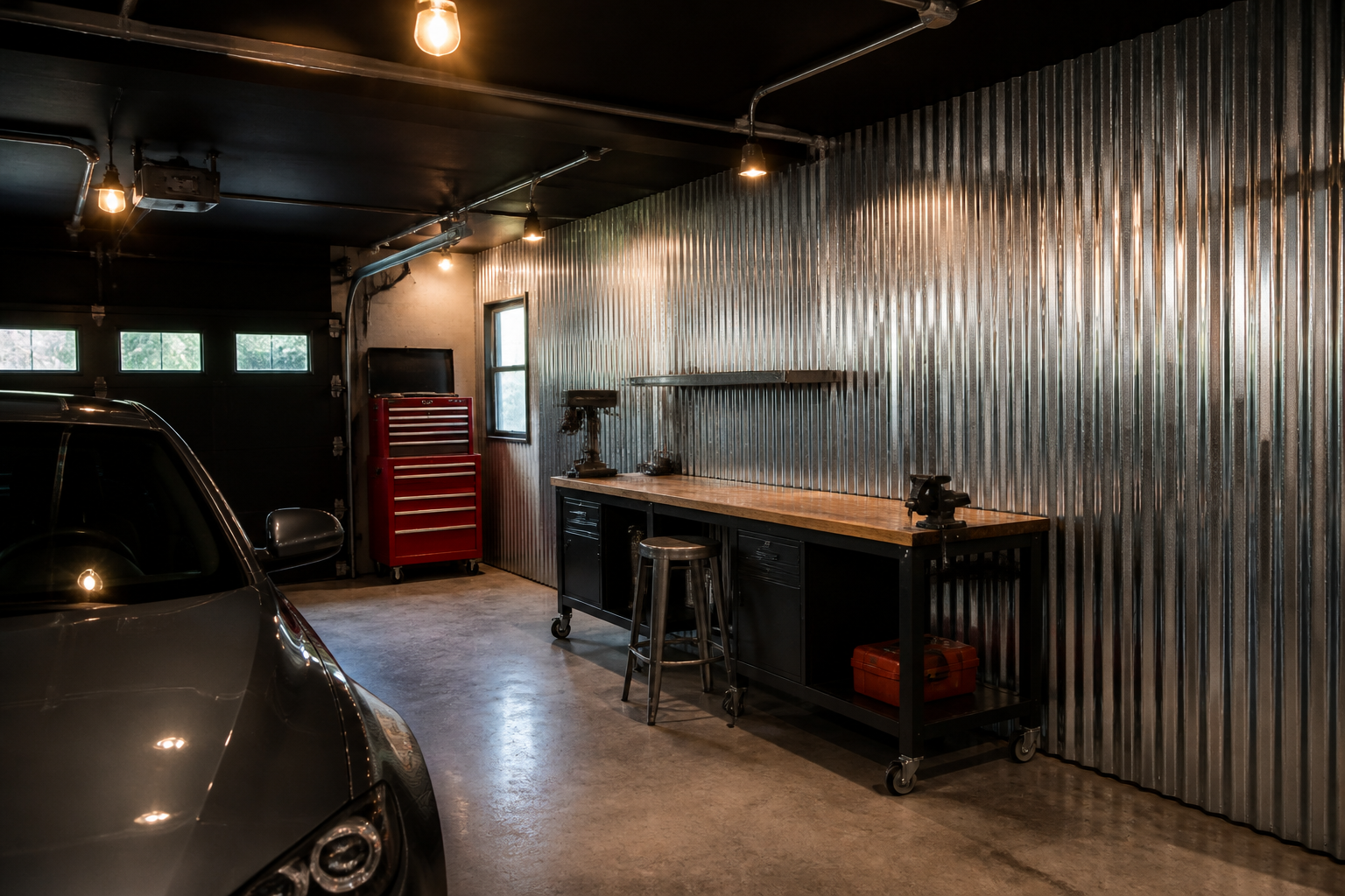 Corrugated galvanized metal panel accent wall in industrial garage workspace