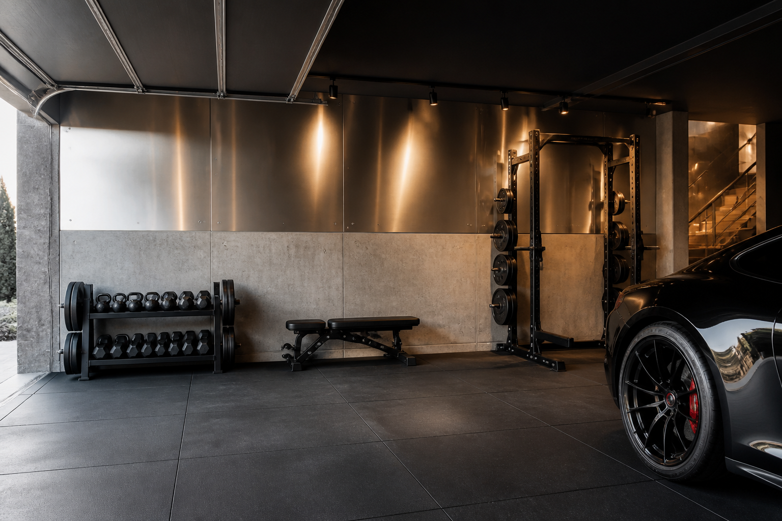 Brushed steel and polished concrete combination accent wall in garage gym