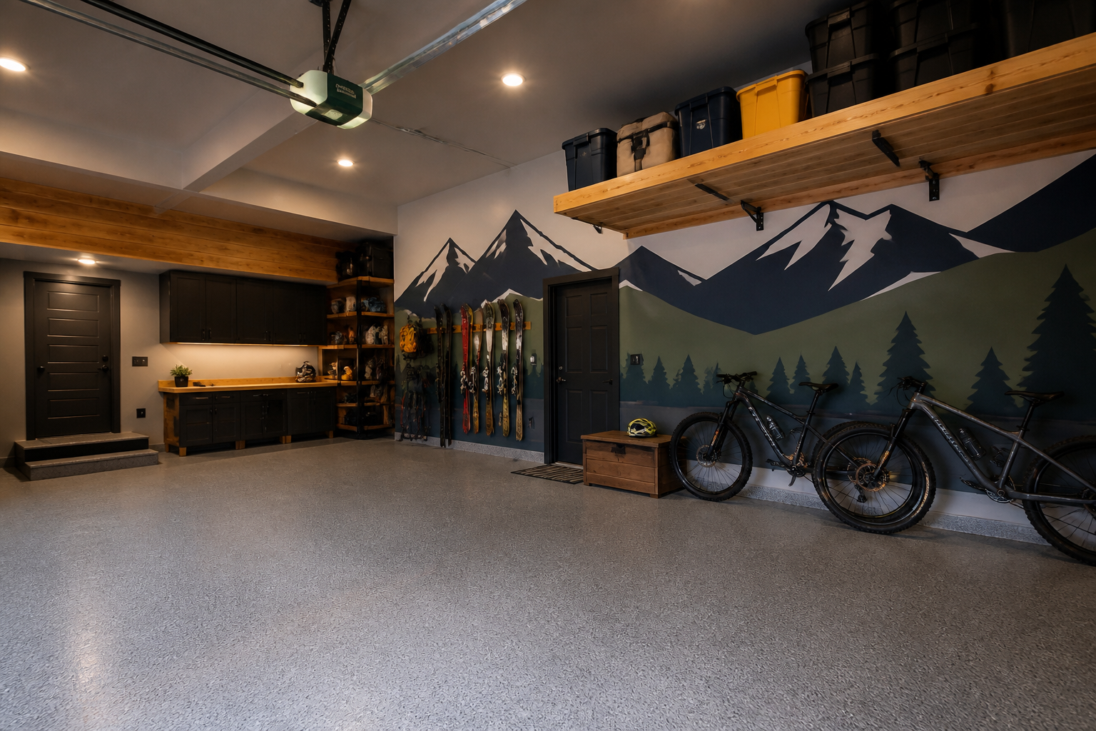Geometric mountain mural in navy and green on garage wall with bike storage