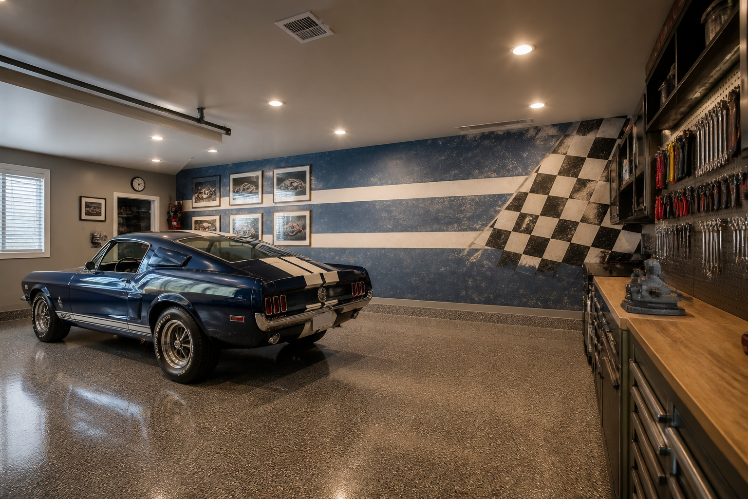 Vintage racing stripe mural with checkerboard flag on garage accent wall