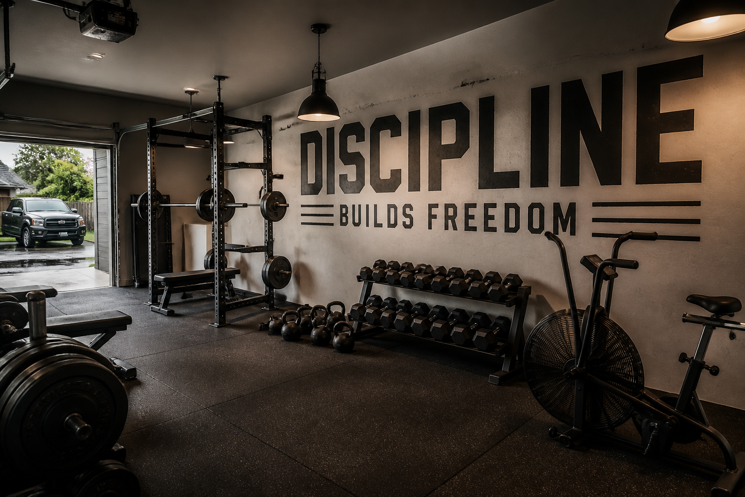 Bold typography motivational quote mural on garage gym accent wall