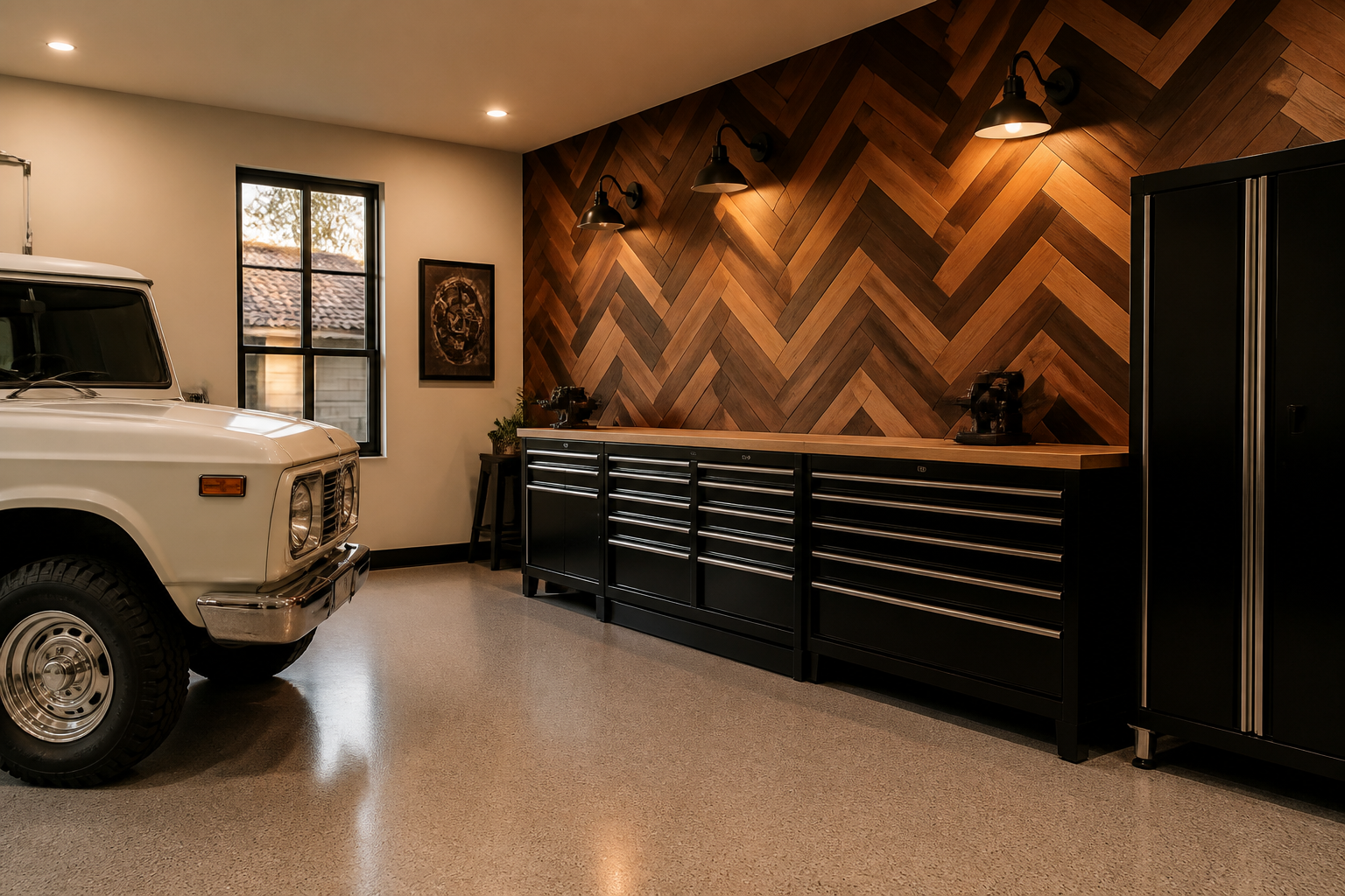 Herringbone pattern reclaimed wood accent wall in dark walnut and oak tones