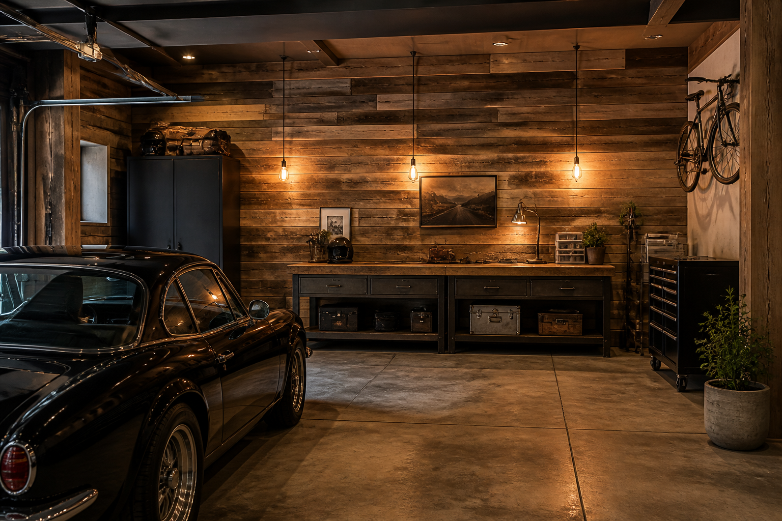 Horizontal reclaimed barn wood plank accent wall in rustic garage workshop