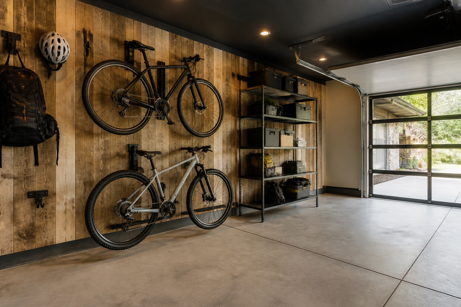 Vertical reclaimed wood slat accent wall with whitewash finish and bike storage