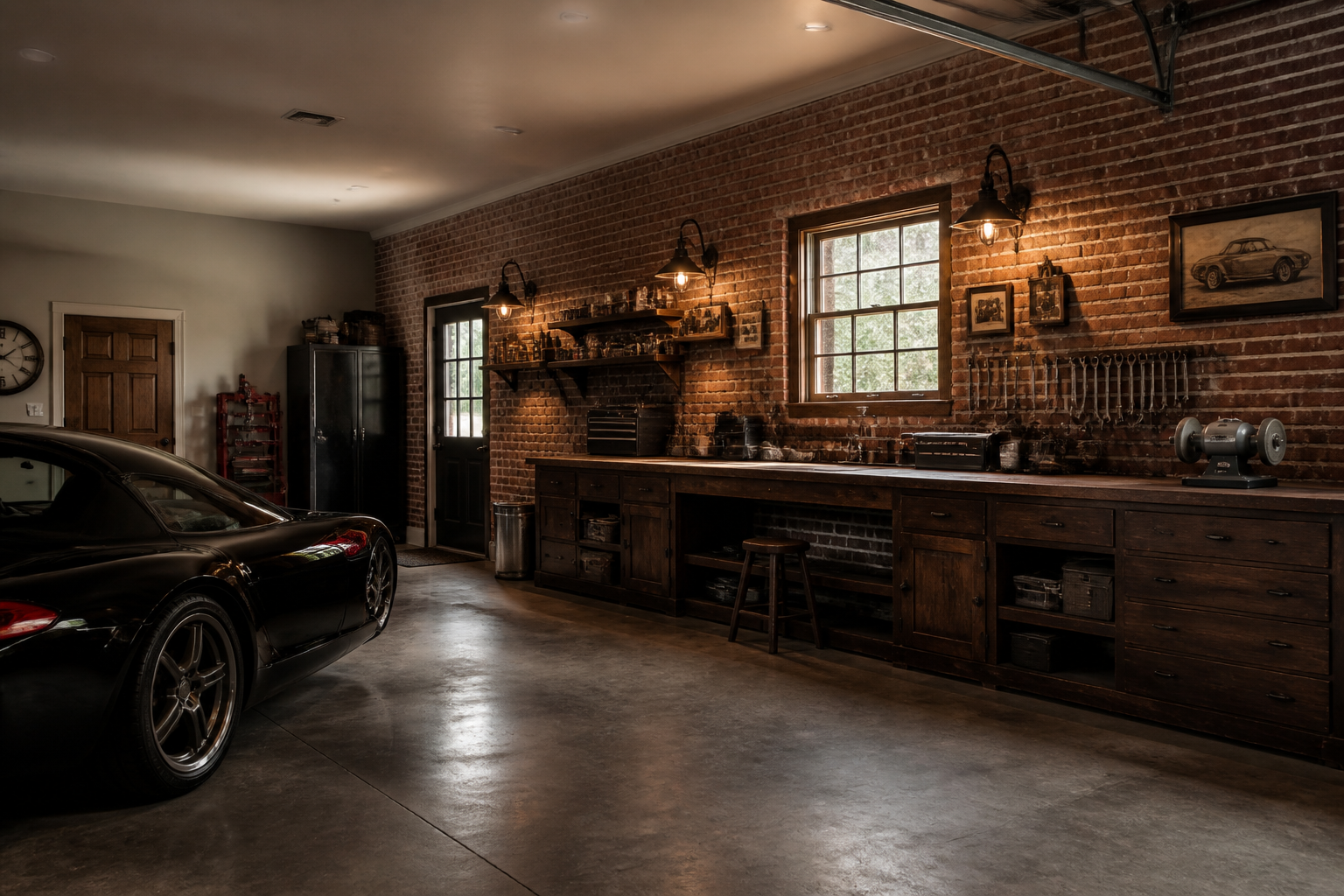 Exposed red brick accent wall with white mortar in vintage garage workshop
