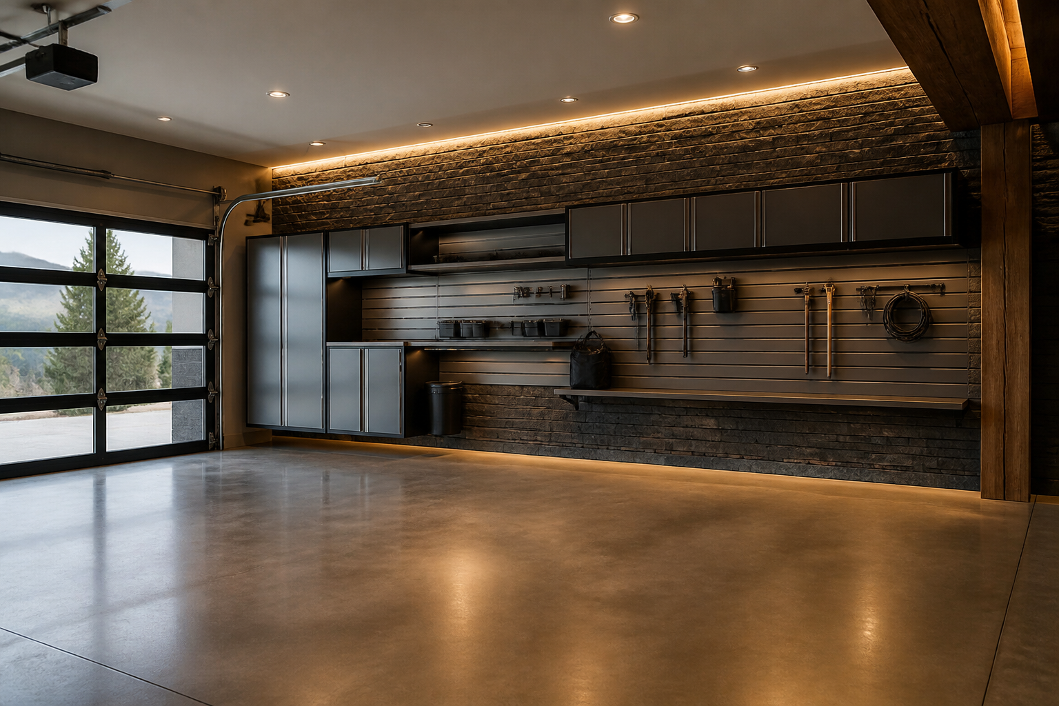 Gray stacked stone veneer accent wall with modern storage in garage