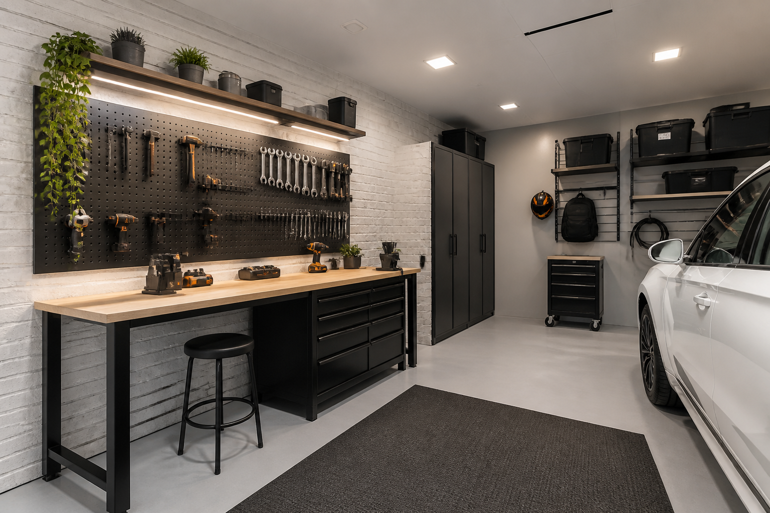 Whitewashed brick texture accent wall with black metal pegboard in modern garage