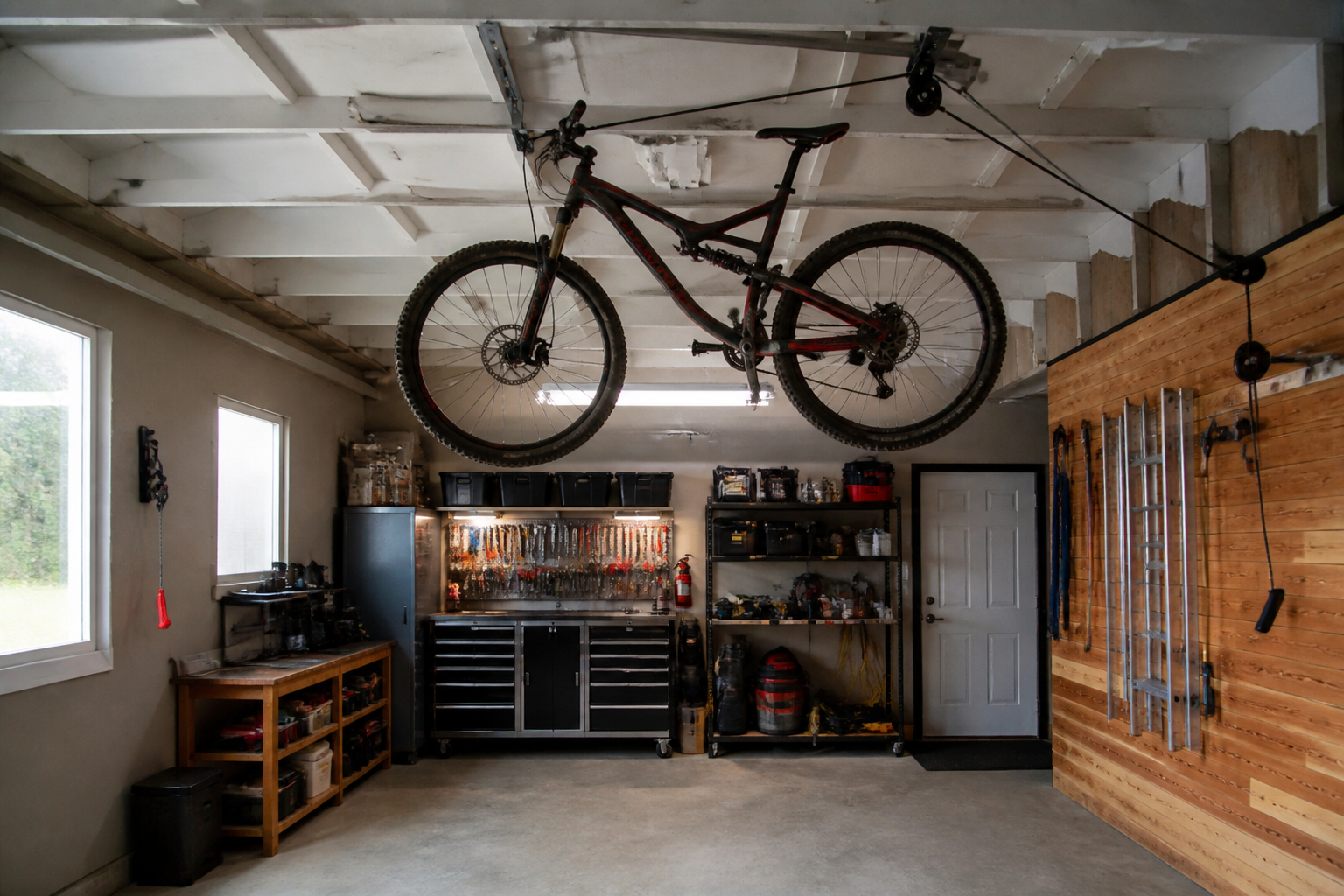Manual pulley ceiling hoist system suspending mountain bike near garage ceiling joists