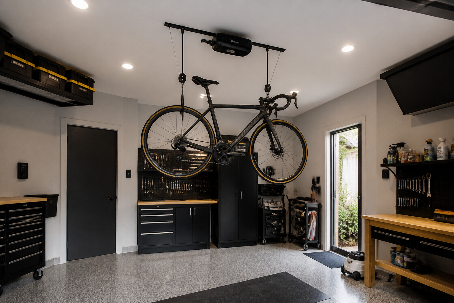 Electric motorized ceiling bike lift with remote control in contemporary garage