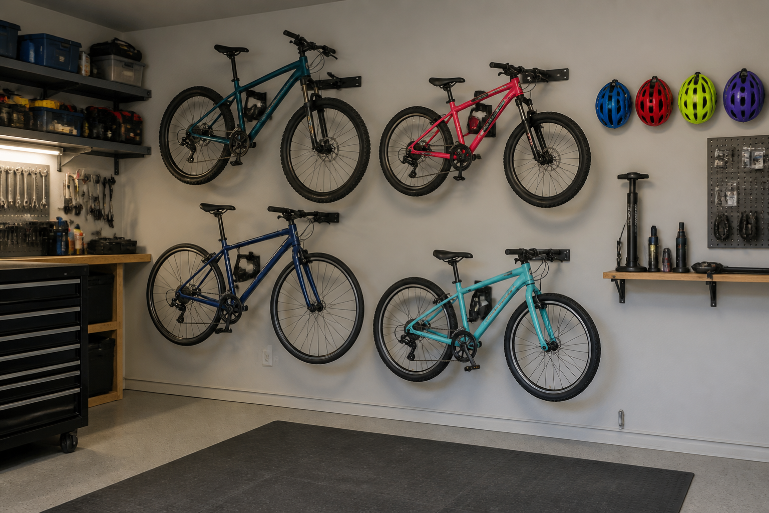 Complete family bike station with wall-mounted racks, helmet storage, and repair tools