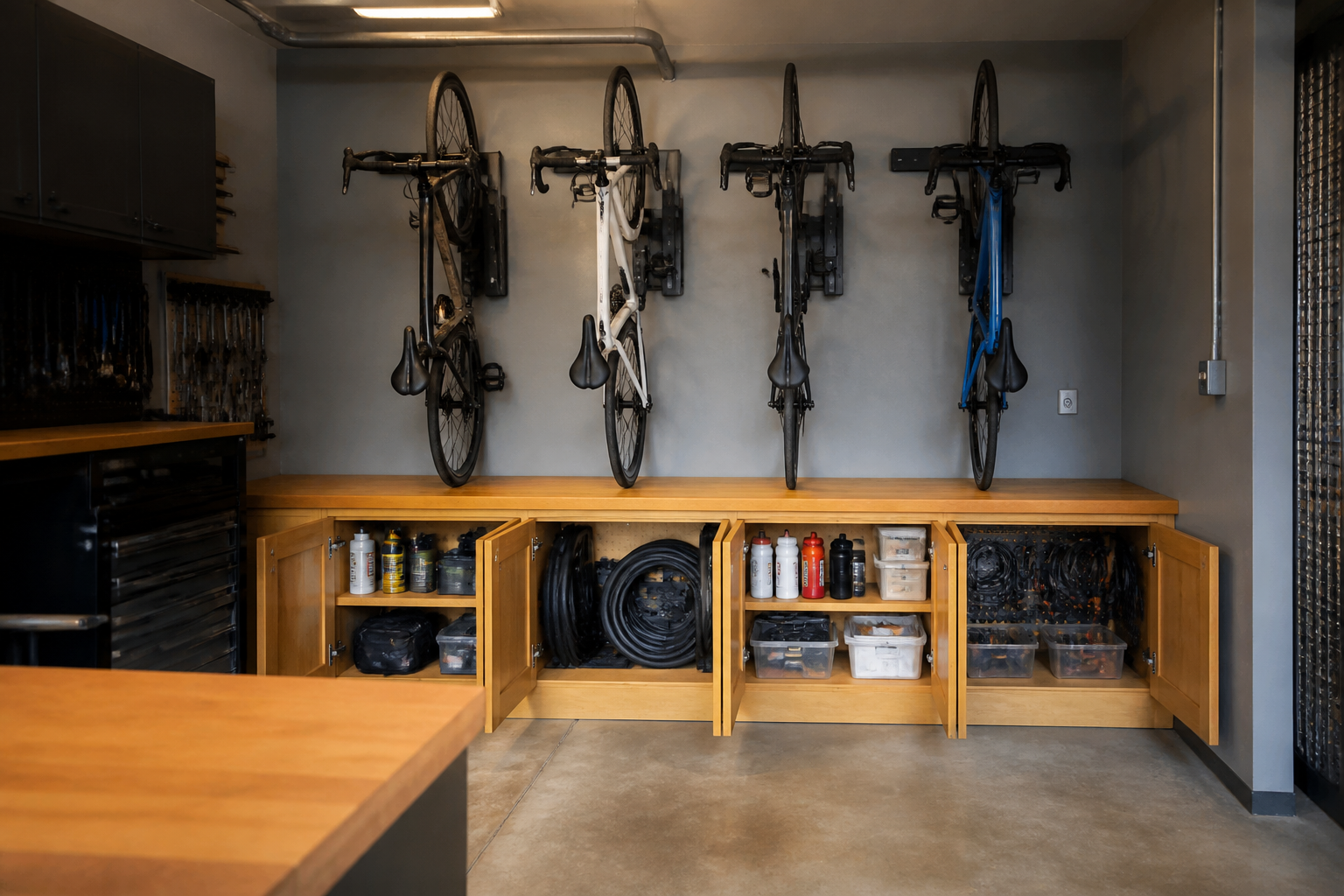 Integrated bike station with wall-mounted racks above enclosed storage cabinet for supplies