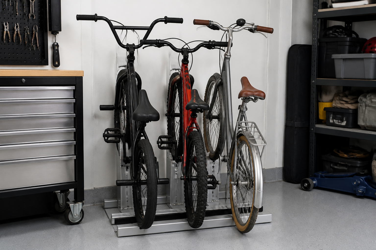 Freestanding vertical bike stand holding three bikes upright in garage corner