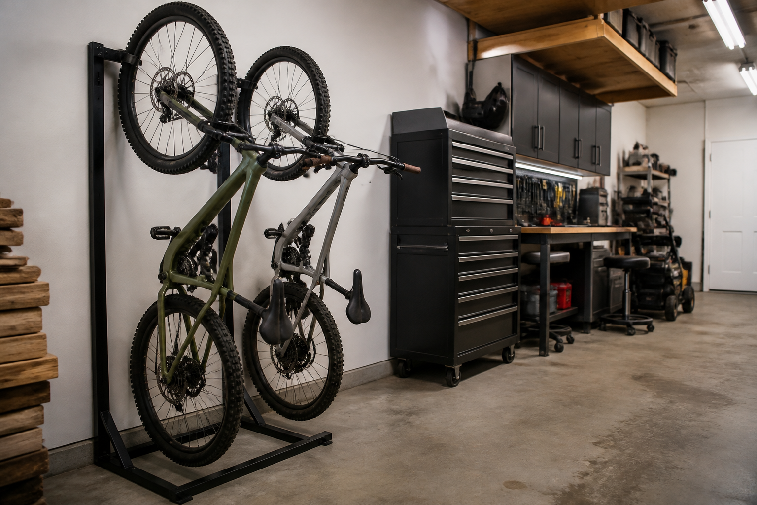 Wall-leaning vertical bike rack with two mountain bikes in organized garage workspace