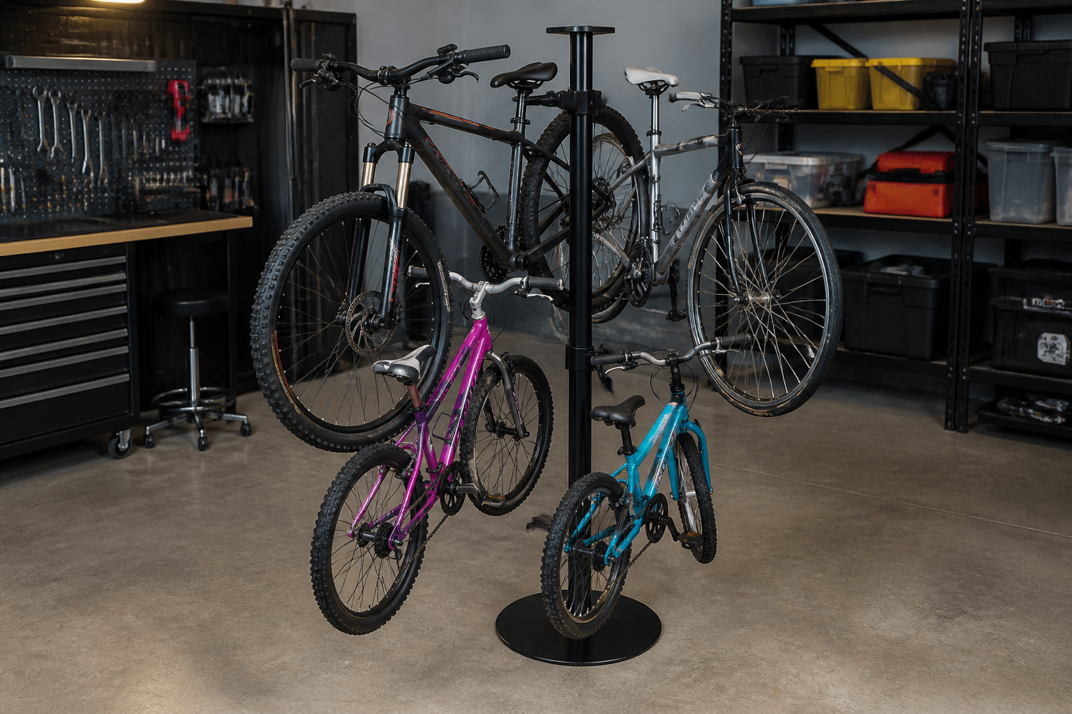 Adjustable vertical bike stand tower holding four bikes in compact circular arrangement