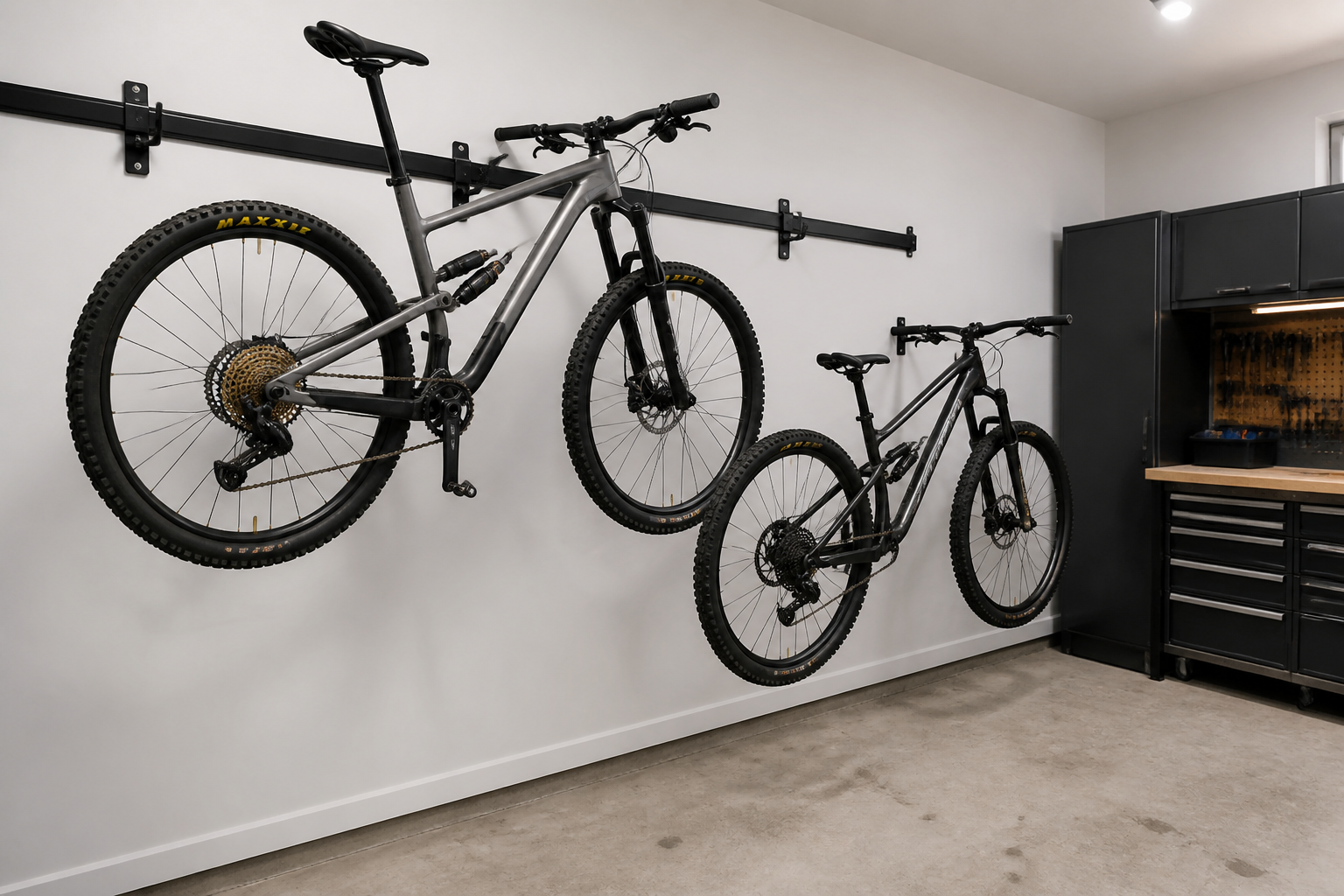 Horizontal wall-mounted bike rack hooks holding two mountain bikes in organized garage