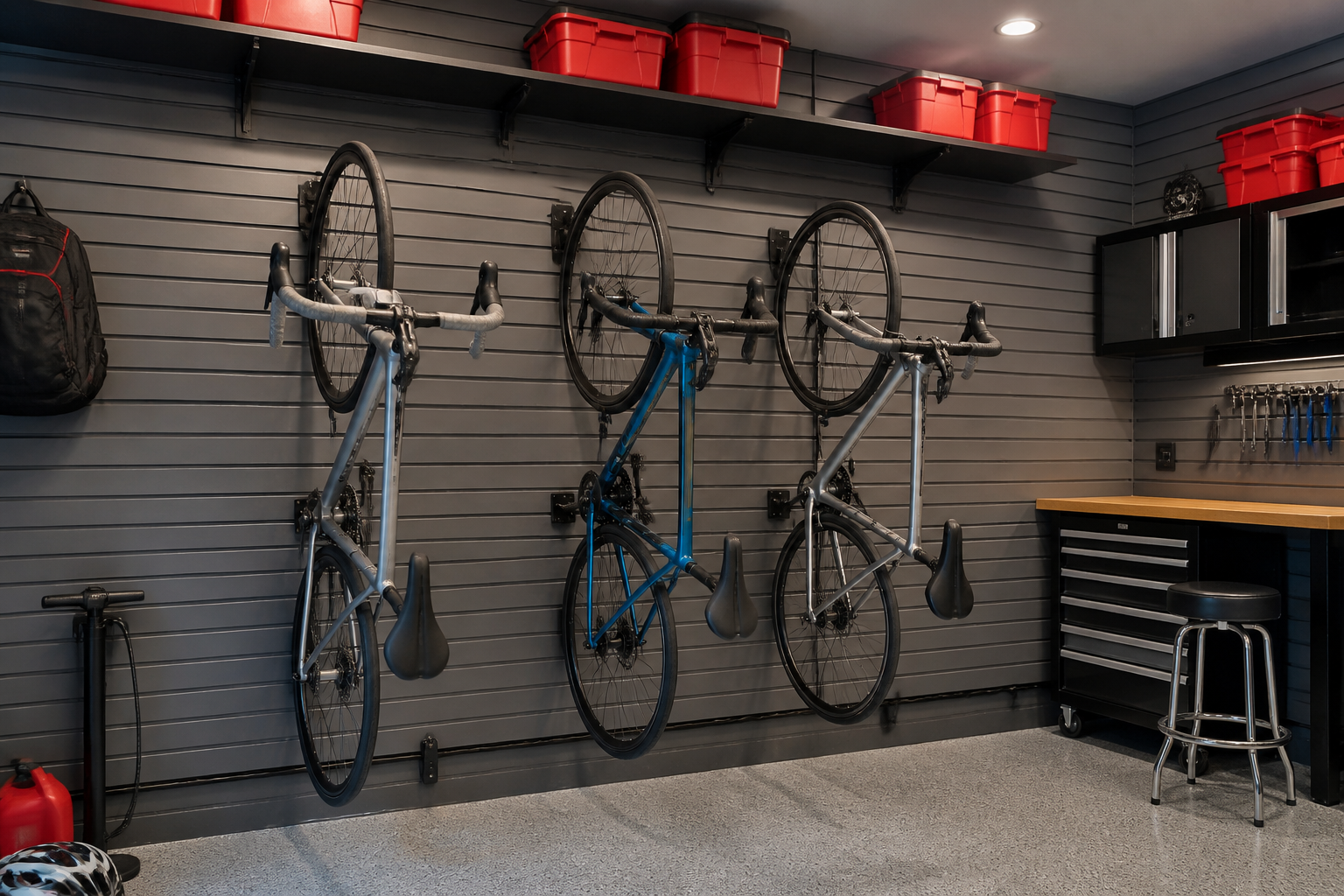 Vertical wall-mounted bike rack holding three road bikes in modern garage with slatwall