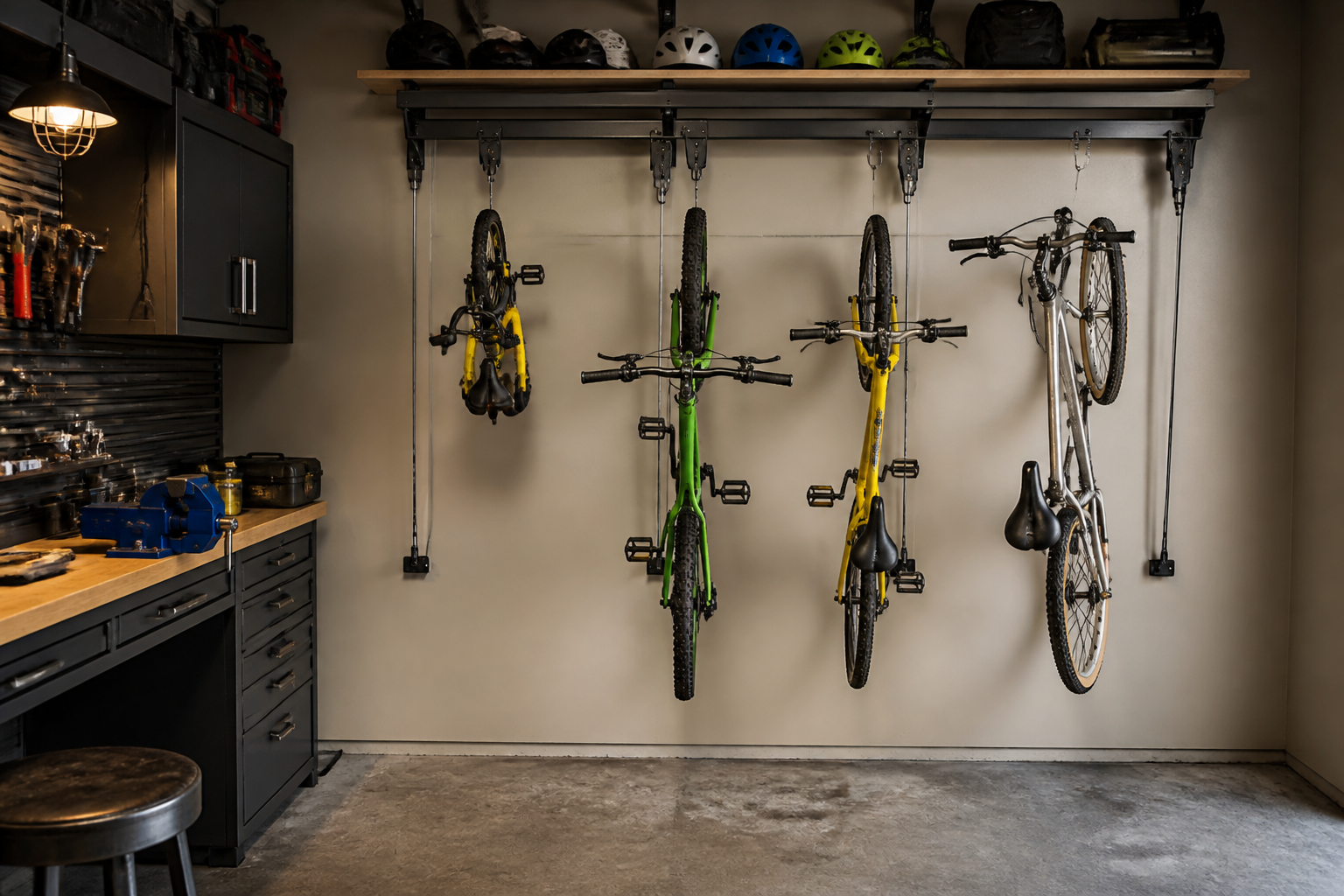 Horizontal wall bike rack with four bikes at staggered heights and helmet storage shelf