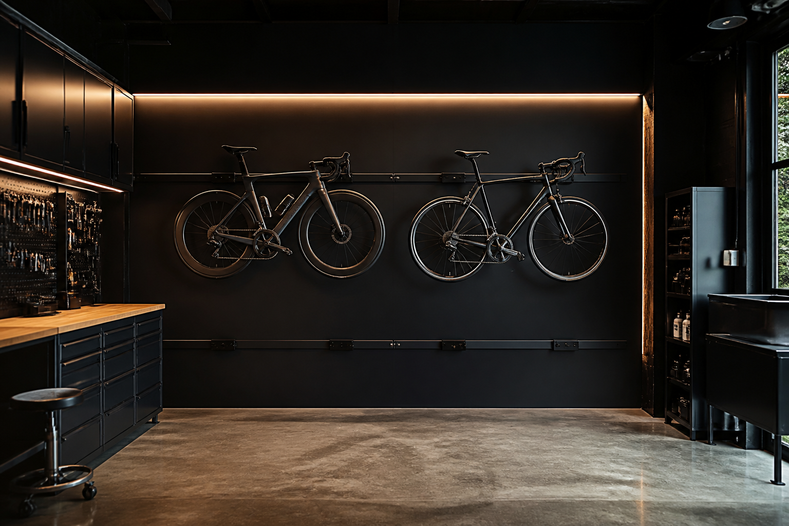 Minimalist wall-mounted bike rail system with two road bikes and LED lighting