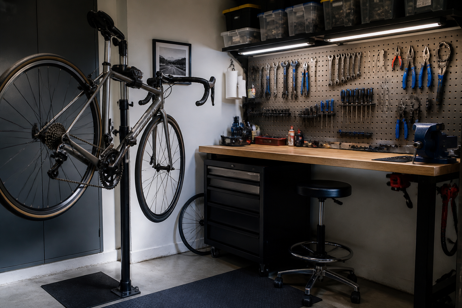 Cycling workshop corner with wall-mounted work stand, pegboard tools, and task lighting