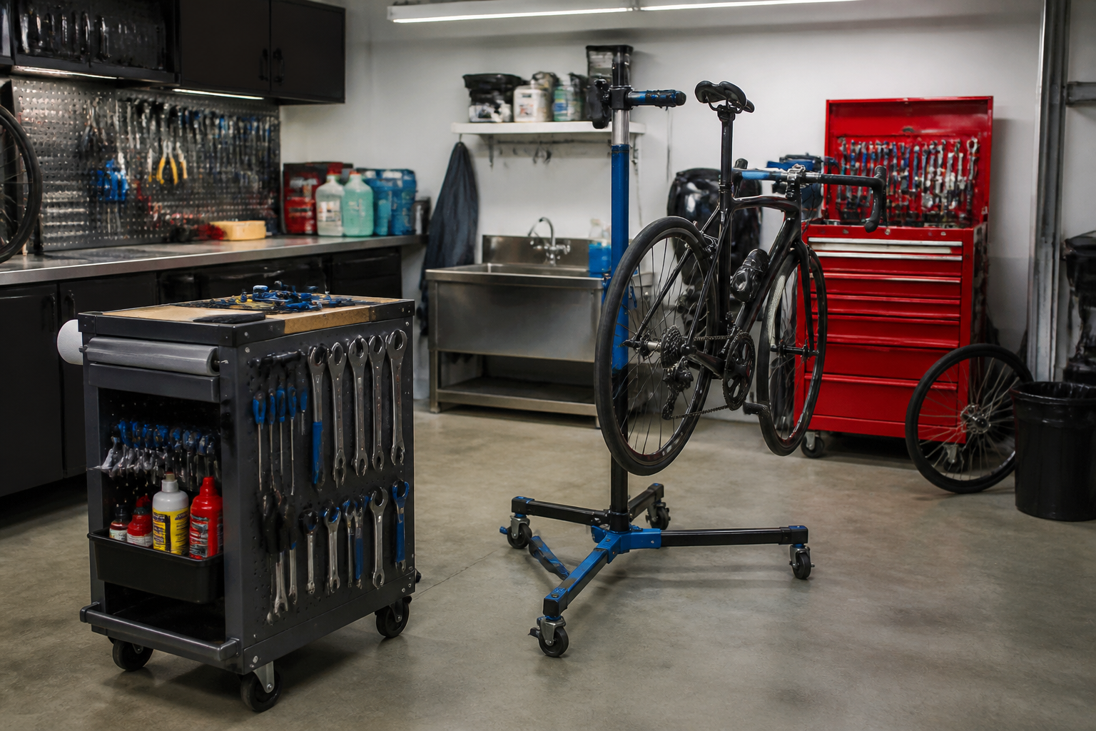 Mobile bike workshop setup with rolling repair stand and dedicated cycling tool chest