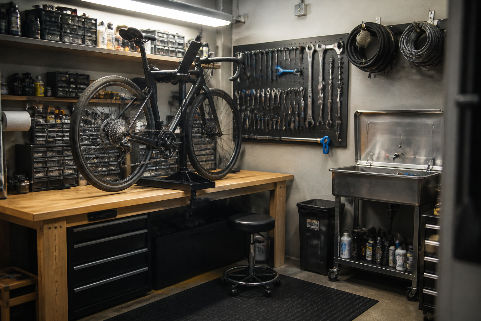 Comprehensive cycling workshop corner with workbench, parts washer, and organized tool wall