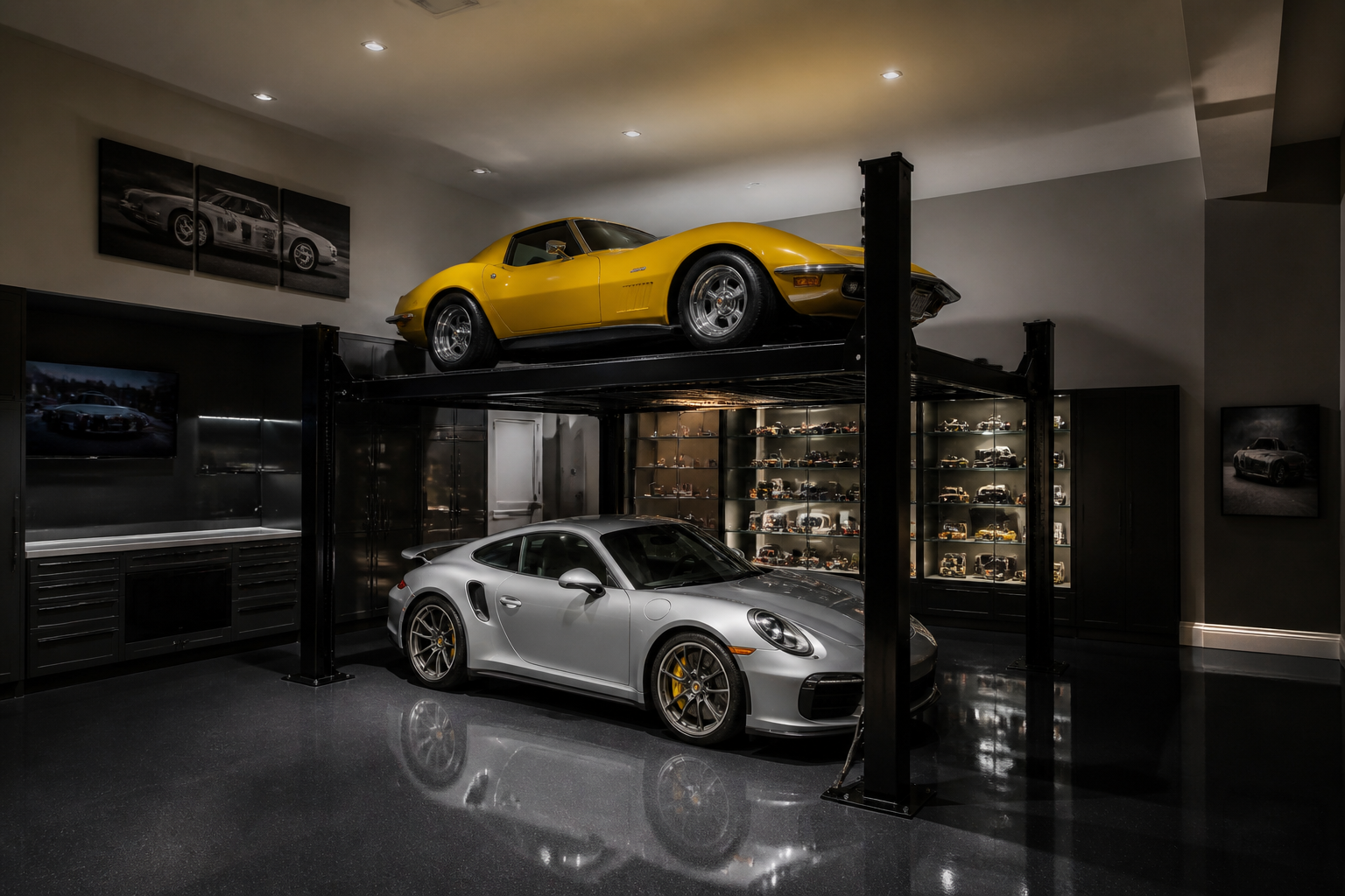 Custom double-stacker car lift with yellow Corvette elevated above silver Porsche in high-ceiling garage