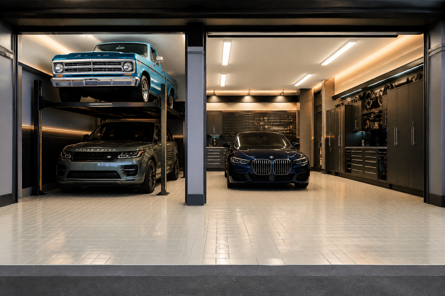 Three-car garage featuring double-stacker lift with vintage blue truck over SUV and adjacent parking bay