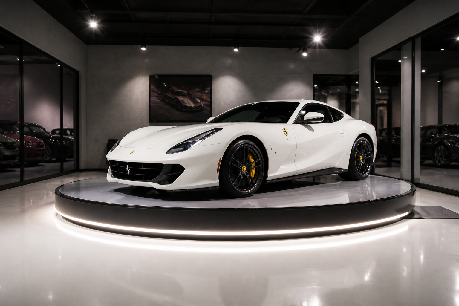 Circular hydraulic rotating display platform showcasing white Ferrari with integrated LED lighting in modern garage