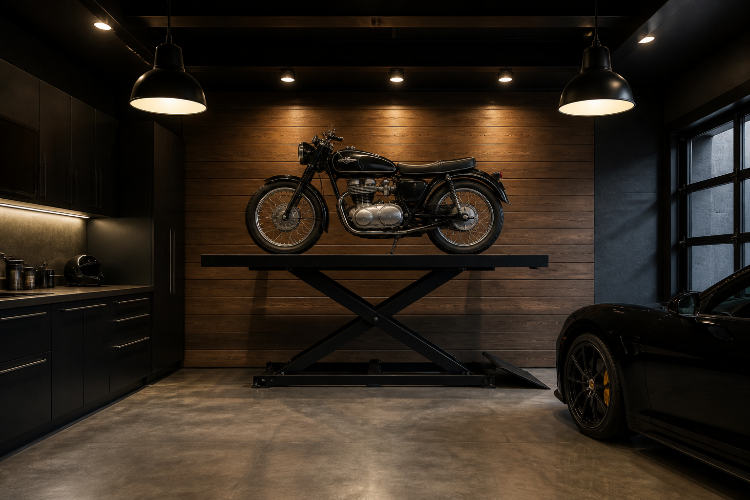 Scissor-lift hydraulic display stand elevating vintage motorcycle against wood accent wall in contemporary garage