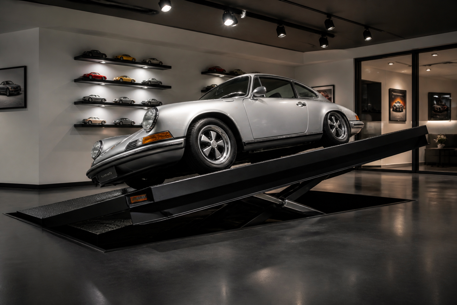 Tilting hydraulic display platform presenting classic silver sports car at dramatic angle in gallery-style garage