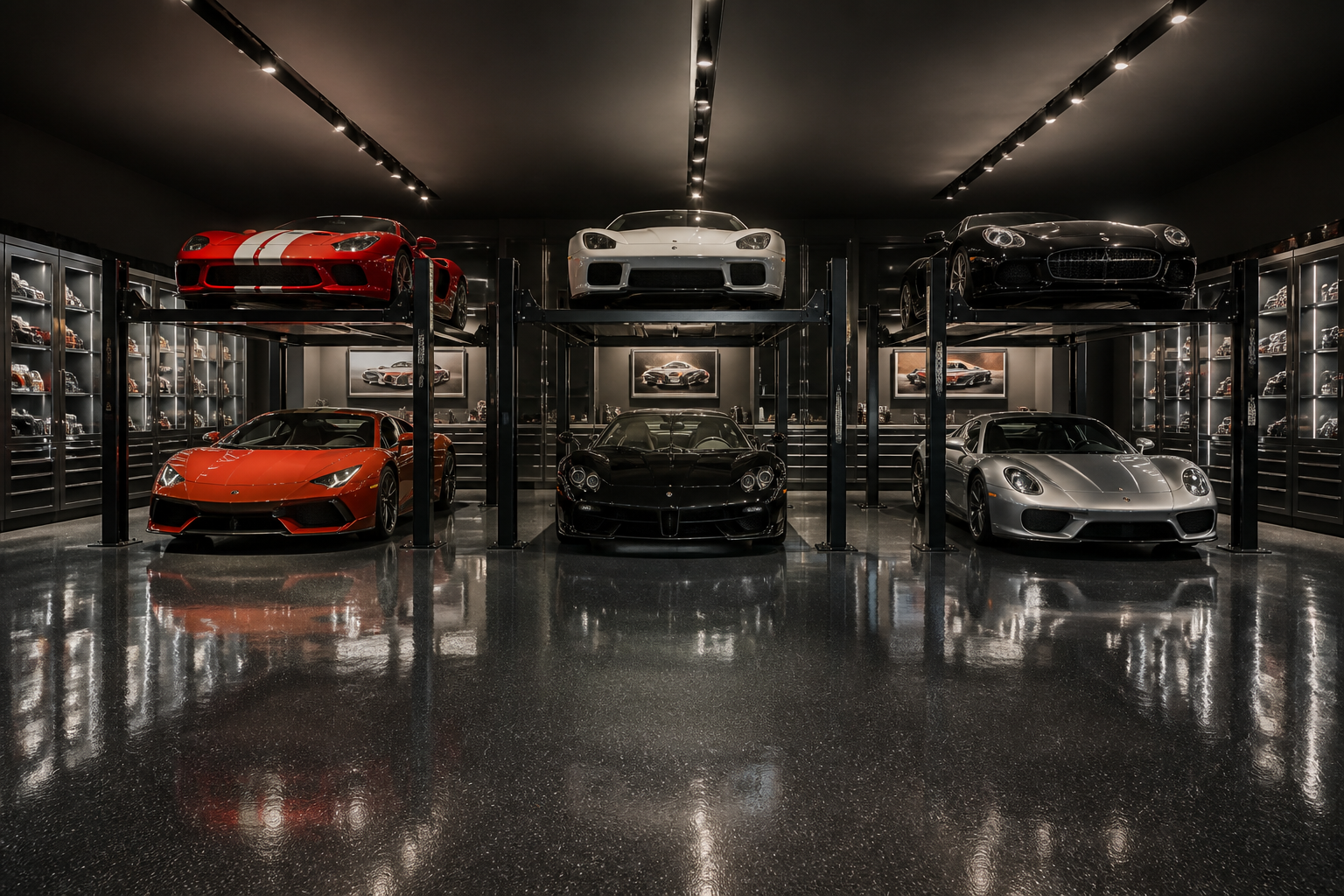 Three four-post car lifts in a row displaying six exotic vehicles in luxury collector garage